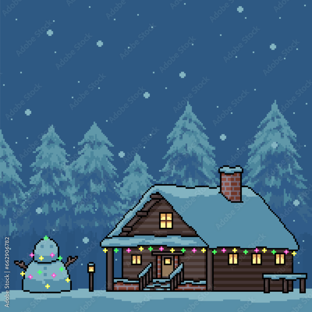pixel art winter holiday house