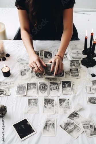 a close up of female hands drawing the tarot cards from the deck. A fortune teller woman with tattoos doing divination indoors  white and black color palette