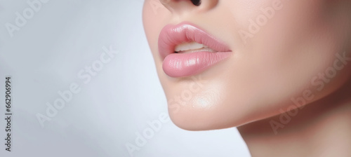 healthy human lips with pink glossy and shiny lipstick , Skincare and beauty and a cosmetic concept