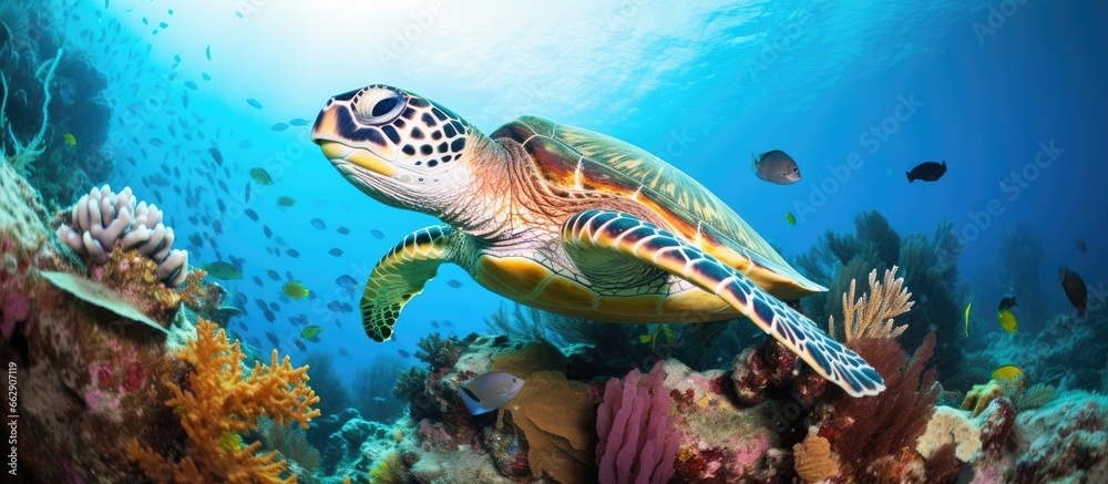 Naklejka premium Green Sea Turtle resting on corals in a tropical reef captured while scuba diving in Indonesia With copyspace for text