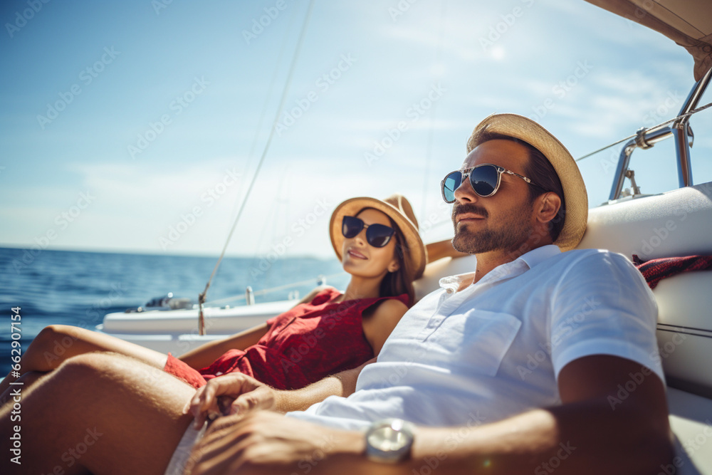 couple sunbathing on luxury yacht in sea