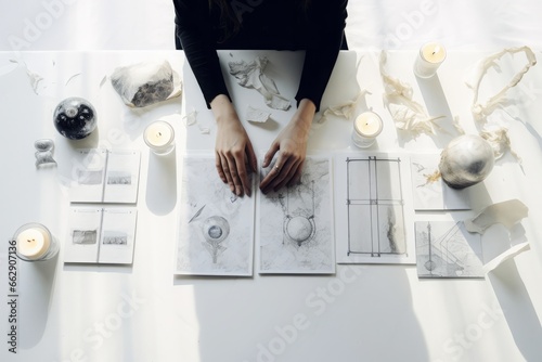 a close up of female hands drawing the tarot cards from the deck. A fortune teller woman with tattoos doing divination indoors, white and black color palette