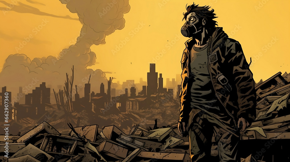 Survivor in Gas Mask Amidst Apocalyptic City Ruins - Perfect for ...