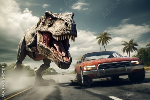 A dinosaur and a muscle car doing a race. photo