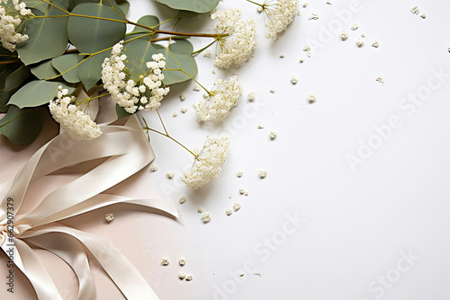 Styled stock photo. Feminine wedding desktop mockup with baby's breath Gypsophila flowers, dry green eucalyptus leaves
