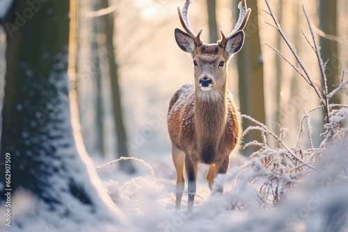 A beautiful deer in a winter forest