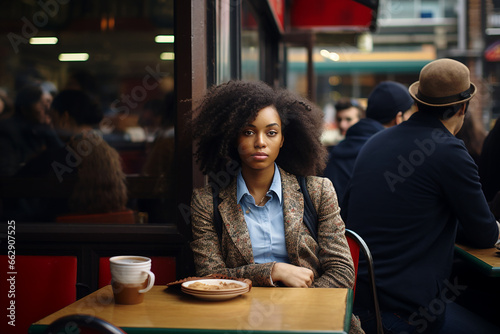 Eine schwarze Frau sitzt in einem Caf   und starrt in die Kamera