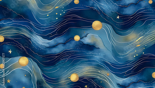 Magical fairytale ocean waves art painting. Unique blue and gold wavy swirls of magic water. Fairytale navy and yellow sea waves. Children’s book waves cartoon illustration for kids nursery  © Vita