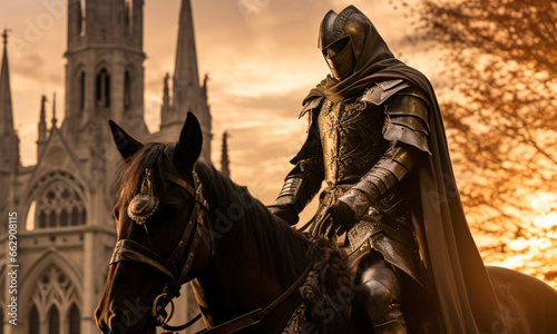 Medieval warrior in armor riding a horse with a Gothic cathedral in the background