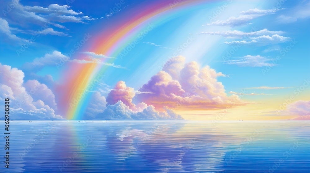  a painting of a rainbow in the sky over the ocean.  generative ai