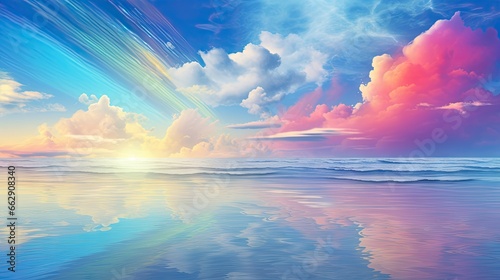  a painting of a sunset over a body of water with clouds in the sky.  generative ai