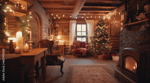 A cozy room with a Christmas tree and a fireplace created with Generative AI technology.