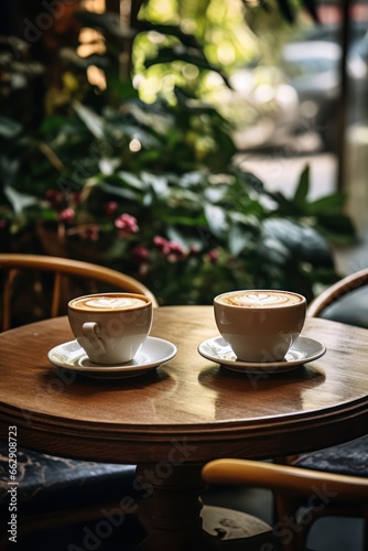 Two White cups with coffee on wooden round table in a cosy cafe