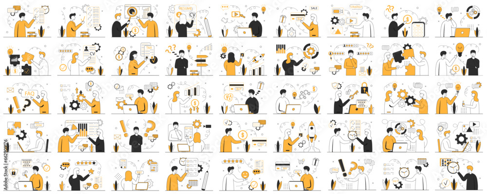Business scene set. Mega set. Collection of scenes:HR specialist,data analytic,FAQ,tax,new idea,start up,check list,online shop,etc. Business people in different situation. Vector illustration. - obrazy, fototapety, plakaty 