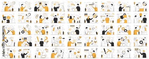 Business scene set. Mega set. Collection of scenes:HR specialist,data analytic,FAQ,tax,new idea,start up,check list,online shop,etc. Business people in different situation. Vector illustration. photo