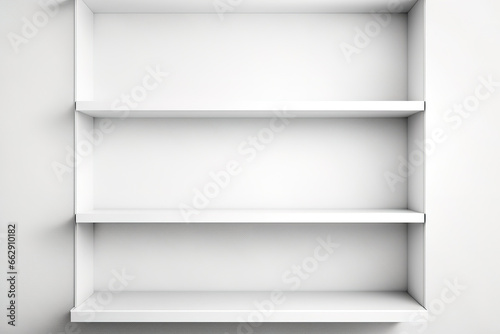 Empty wall shelves on white. Generative AI photo