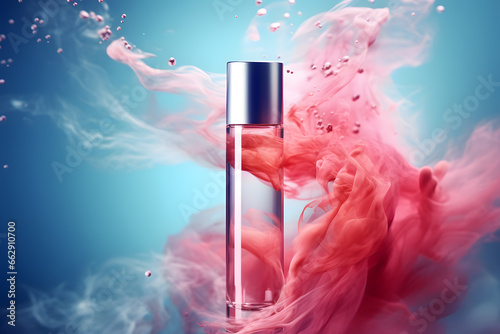Cosmetics bottle floating on water, red and blue colors