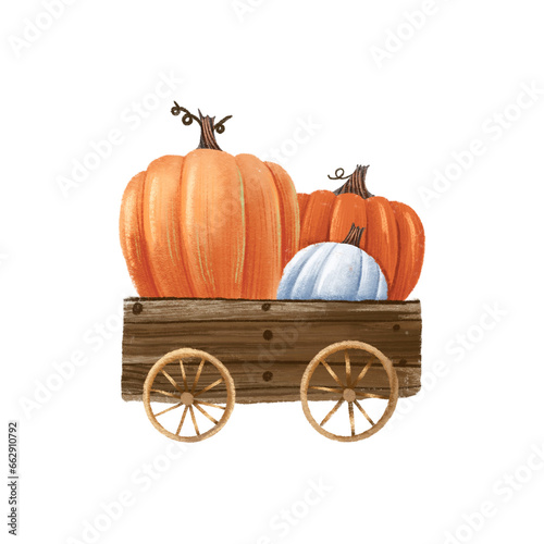 Wooden cart with pumpkins . Autumn composition. Decoration of Thanksgiving. Harvest . Autumn illustration on isolated background