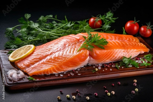 Fish for baking. Salmon red fish for baking. Baked fish delicious salmon for grilling, baking or searing. Restaurant menu redfish steaks. Salmon, trout, pink salmon steak, tender, tasty. Generative AI