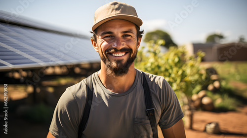 Male farmer or farmer smiling. In background farm with solar panels to produce clean green electricity. Generative ai © JMarques