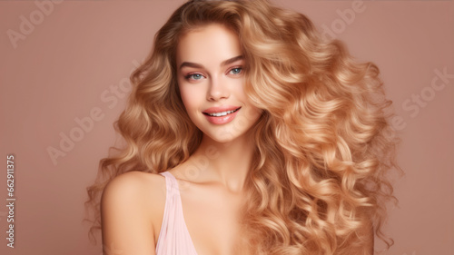 Beautiful young woman with long curly hair. Portrait of a beautiful girl with blond hair.