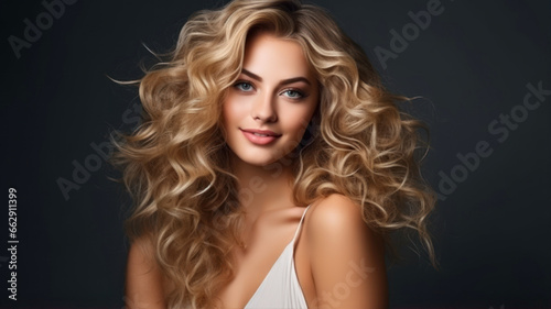 Portrait of beautiful blonde woman with long curly hair on dark background