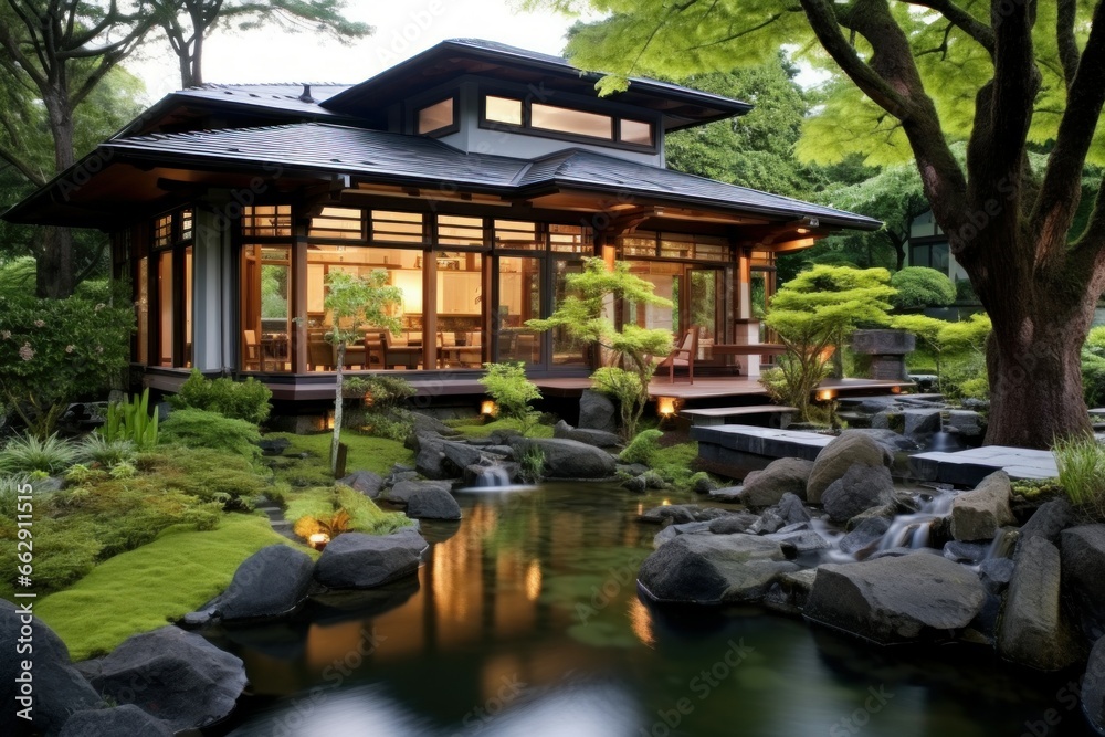 Vibrant Beautiful backyard exterior small house. Garden outdoor. Generate Ai Vibrant Beautiful backyard exterior small house. Garden outdoor. Generate Ai