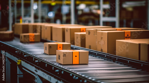 Boxes of various shapes and sizes glide along the conveyor belt, Generative AI