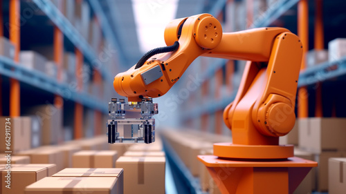 Automation as mechanical arms creating an perfectly aligned boxes. Generative AI