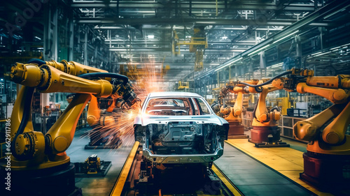 Futuristic car production line, advanced robots maneuver and weld. Generative AI