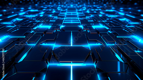 Abstract background glowing neon room. Blue futuristic wallpaper. Generative AI
