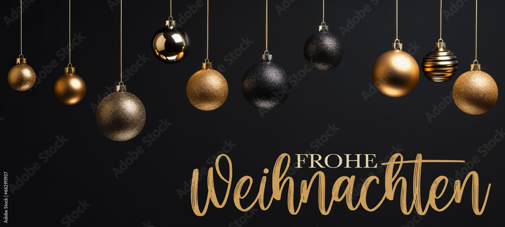 Frohe Weihnachten, festliche Grußkarte mit deutschem Text – Hängende goldene und schwarze Christbaumkugeln, Hintergrund schwarze Wand Textur
