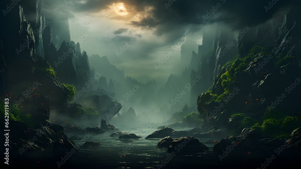 As the sun descends behind the majestic mountains, a serene river. Generative AI