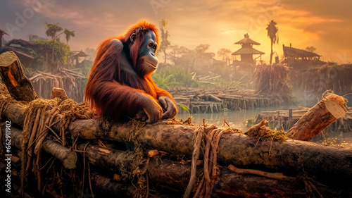 Orangutan sits in solitude on a tree remnant, palm oil production. Generative AI