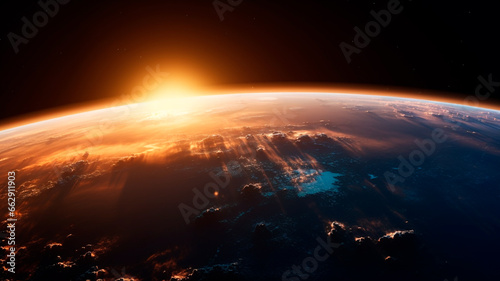 From the outer space, the majestic Earth emerges, with sun light. Generative AI © REC Stock Footage