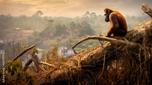 Orangutan on a tree trunk. Deforestation and palm oil plantations. Generative AI