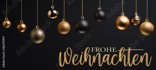 Frohe Weihnachten, festliche Grußkarte mit deutschem Text – Hängende goldene und schwarze Christbaumkugeln, Hintergrund schwarze Wand Textur photo