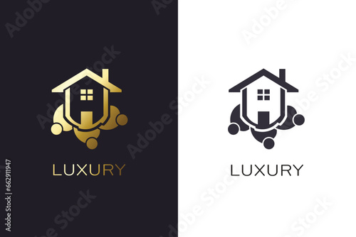 An iconic image featuring a house with Real Estate under cogs, symbolizing the housing market, ideal for real estate logos and marketing.