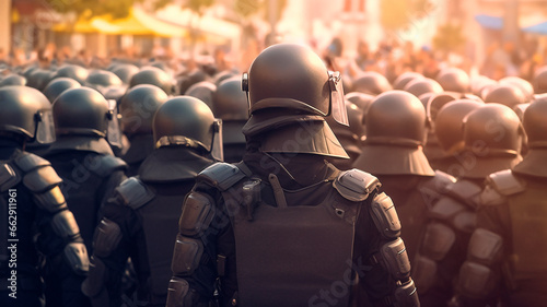 Back turned view team riot police managing a fierce demonstration, Generative AI