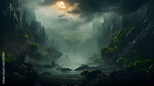 As the sun descends behind the majestic mountains, a serene river. Generative AI