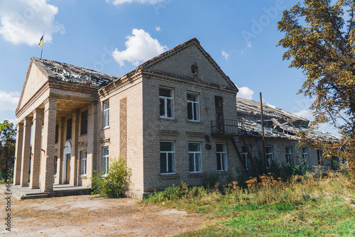 Administrative building damaged by shelling. War in Ukraine.