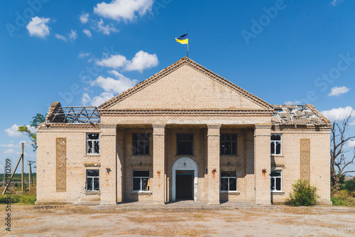 Administrative building damaged by shelling. War in Ukraine.
