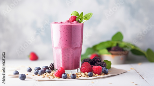 Healthy berry smoothie with granola, yogurt and fresh berries on a light background photo