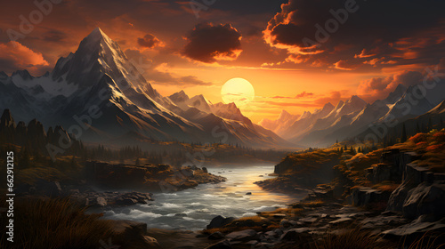 Sun paints the river and a beautiful mountain sunset scene. Generative AI.