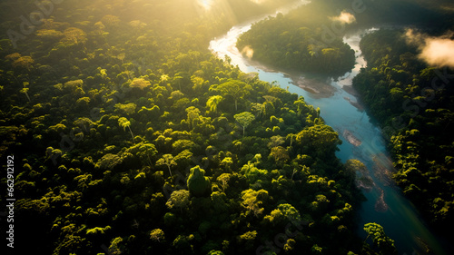 Aerial of river cutting through a dense, emerald green rainforest. Generative AI