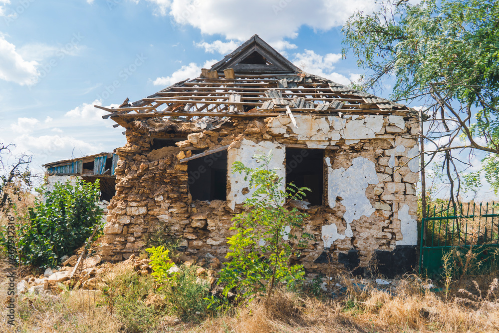 Countryside. A house destroyed by shelling. War in Ukraine Countryside. A house destroyed by shelling. War in Ukraine