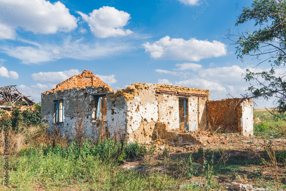 Countryside. A house destroyed by shelling. War in Ukraine Countryside. A house destroyed by shelling. War in Ukraine