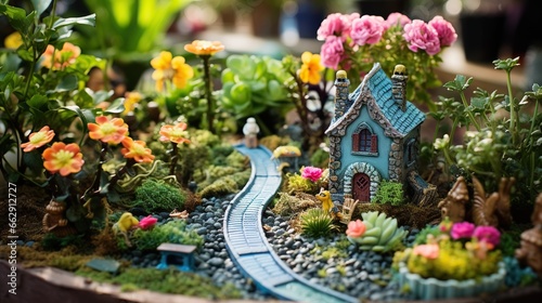  a miniature garden with flowers and a house on a train track. generative ai