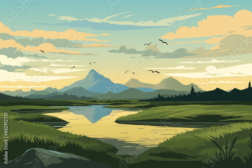 Beautiful landscape of a warm evening on the lake. 
Amazing lake with a green clearing of lush grass against the backdrop of magnificent mountains and forest. Design for poster, banner, card or print.