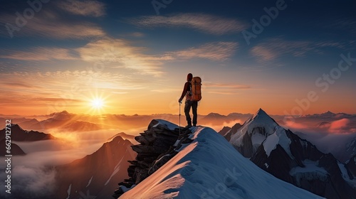  a man standing on top of a snow covered mountain at sunset. generative ai